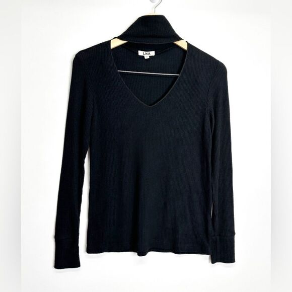 LNA Revolve Long‎ Sleeve Shirt Women’s Black Turtleneck Ribbed V-neck Size Small - Picture 1 of 5